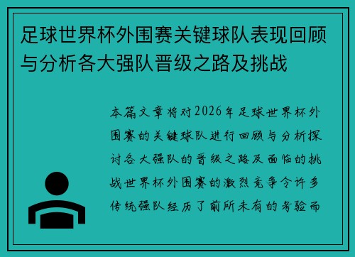 足球世界杯外围赛关键球队表现回顾与分析各大强队晋级之路及挑战