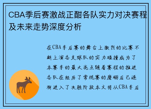 CBA季后赛激战正酣各队实力对决赛程及未来走势深度分析