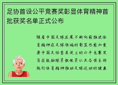 足协首设公平竞赛奖彰显体育精神首批获奖名单正式公布