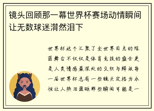 镜头回顾那一幕世界杯赛场动情瞬间让无数球迷潸然泪下