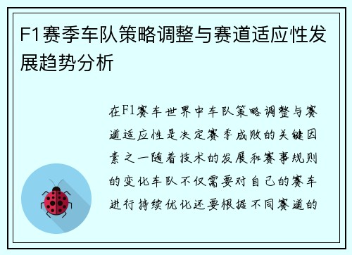 F1赛季车队策略调整与赛道适应性发展趋势分析